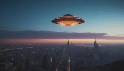Schilderijen op glas alien invasions. World UFO Day. aliens among humans. The arrival of an alien ship to earth. people noticed UFOs in their city. flying saucer in the city © Vladislav