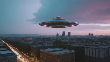 Abwaschbare Fototapete alien invasions. World UFO Day. aliens among humans. The arrival of an alien ship to earth. people noticed UFOs in their city. flying saucer in the city © Vladislav