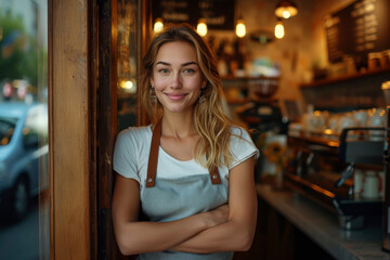 Confident female barista in coffee shop entrance with arms crossed at golden hour