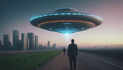 Photo sur Plexiglas UFO alien invasions. World UFO Day. aliens among humans. The arrival of an alien ship to earth. people noticed UFOs in their city. flying saucer in the city