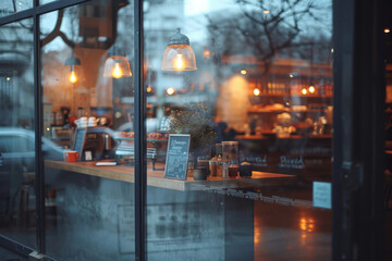 Coffee shop ambiance with details of menu and beverages through a foggy glass window