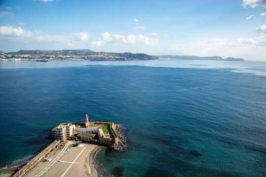 Baia, Naples,, Italy. Lighthouse beach from the terrace of the Aragonese castle