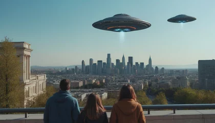 Poster alien invasions. World UFO Day. aliens among humans. The arrival of an alien ship to earth. people noticed UFOs in their city. flying saucer in the city © Vladislav