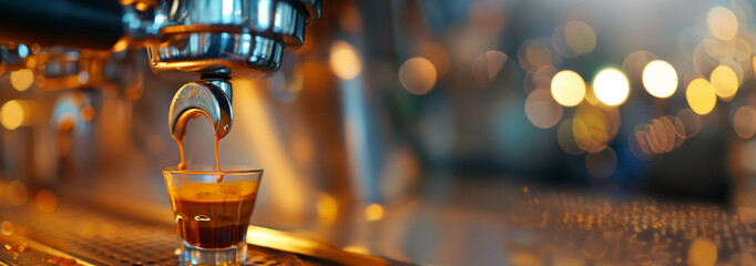 Espresso flowing into a clear glass against a backdrop of warm cafe lights