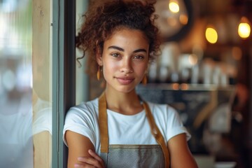 Content female barista with curly hair in a white tee and mustard apron inside a cafe