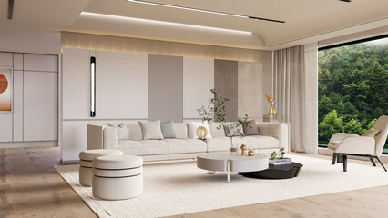 3d render modern living room full scene interior design - obrazy, fototapety, plakaty
