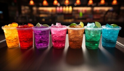exotic, colorful cocktails arranged on a nightclub counter.The cocktails exude a tropical, refreshing vibe, enticing patrons to indulge in the lively atmosphere of the bar.