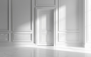Shut Door in Empty Room, White Walls in High Definition,Vacant Chamber,Sealed Entry with Pale Walls...