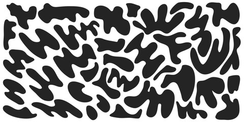 Set of organic irregular blob shapes. Black random deform spot fluid circle Isolated on white background. Organic amoeba Doodle drops Retro vector elements. Abstract rounded forms Vector illustration - obrazy, fototapety, plakaty
