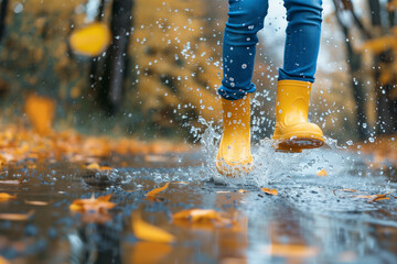 Child Splashing in Puddles with Yellow Rain Boots. Autumn Rainy Day Fun with Waterproof Boots and Falling Leaves