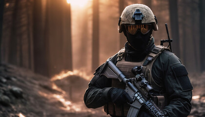 Fototapeta premium a modern soldier. A soldier in a hot spot. modern special forces. a soldier at war. military revolution. Military invasion