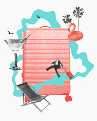 Business man going on vacation with suitcase, chair, cocktail and flamingo swimming circle on...