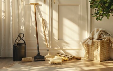 Essential Home Tidying Equipment, Featuring the Versatile Broom,Indispensable Cleaning Gear for Your Home Generative Ai - obrazy, fototapety, plakaty