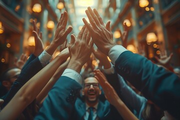 A group of professionals dressed in business attire cheering and high-fiving each other in a modern office space, celebrating a successful project completion
