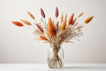 Fototapeta premium Bouquet of dried grass in glass vase on white table.