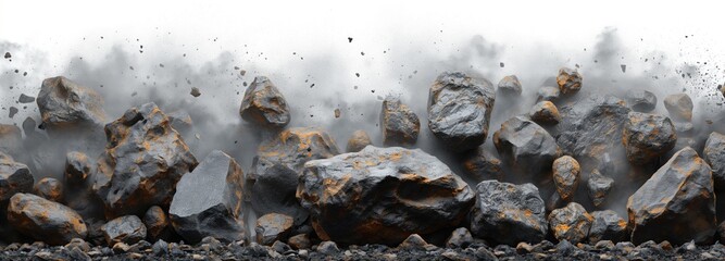 illustration of rocks, dust, and debris falling on white background banner 