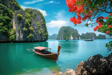 Tropical island  Long bay  Asia Amazed nature scenic landscape of James Bond Island with a boat for a traveler, Ai generated - obrazy, fototapety, plakaty