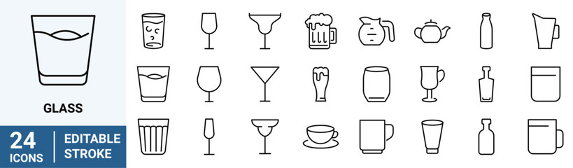 Glass web line icon set. Drink glassware type - beer mug, whiskey shot, wineglass, teapot minimal vector illustration. Editable Stroke.