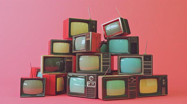 3D model of a meticulously arranged pile of cathode televisions with realistic textures and materials