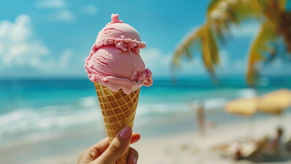 woman hand holding strawberry ice cream on summer time with beach background. with generative ai - obrazy, fototapety, plakaty