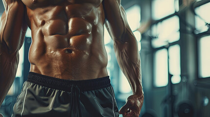 Realistic portrayal of engaged abdominal muscles during physical exercise showcasing the definition and fibers with high clarity - obrazy, fototapety, plakaty