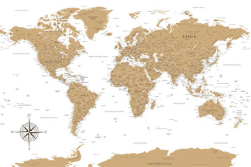 World Map - Highly Detailed Vector Map of the World. Ideally for the Print Posters. Golden Colors