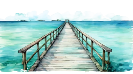 Poster Watercolor illustration, old wooden pier. Hand drawn watercolor graphic sketch isolated on white and transparent background. © Mizangraphics2046