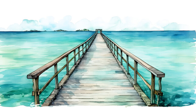 Watercolor illustration, old wooden pier. Hand drawn watercolor graphic sketch isolated on white and transparent background.