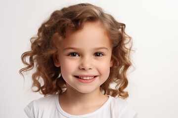 Child girl with white background. Nursery school. Childhood professions. School holidays. Topics related to childhood.
