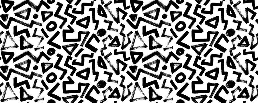 Random zigzag lines seamless pattern. Geometric banner with thick zig zag brush strokes. Abstract black on white geometric vector ornament. Thick triangular grunge strokes.