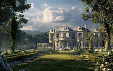 Fototapeta na wymiar Tranquil Splendor, A Country Manor and Its Impeccable Gardens,Majestic Beauty Generative Ai