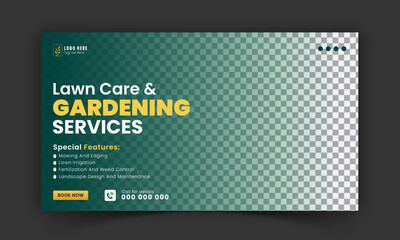 Organic food and agriculture service YouTube video thumbnail design, modern lawn mower garden, or landscaping service social media cover or post template with abstract green and yellow color shapes