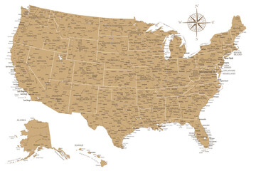 United States - Highly Detailed Vector Map of the USA. Ideally for the Print Posters. Golden Colors