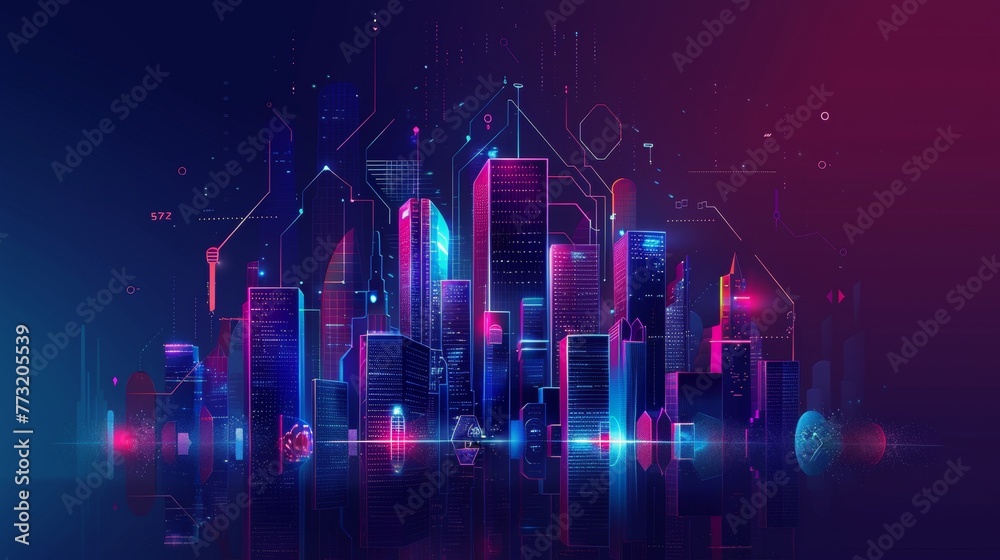 Poster in the dark of the sunrise, there are skyscrapers and the 5g network logo atop the smart city. the d