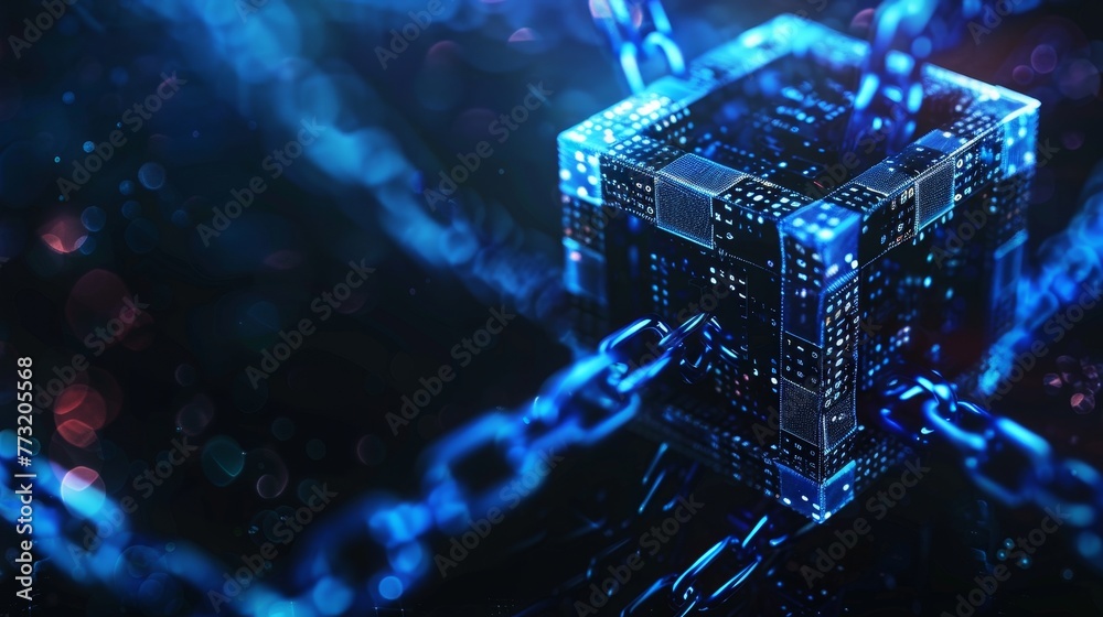 Aufkleber Blockchain Fintech technology and mining cryptocurrency conceptual internet banner with a cube or box containing digits. Business graphic with block chain of abstract finance data.