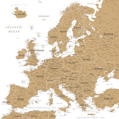 Europe - Highly Detailed Vector Map of the Europe. Ideally for the Print Posters. Golden Colors