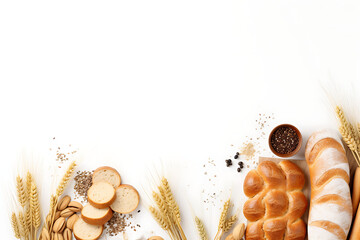 An array of freshly baked bread with wheat ears, flour, and grains on a white background, symbolizing baking and harvest. Generative AI