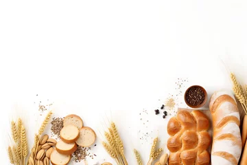 Selbstklebende Fototapeten An array of freshly baked bread with wheat ears, flour, and grains on a white background, symbolizing baking and harvest. Generative AI © Breyenaiimages