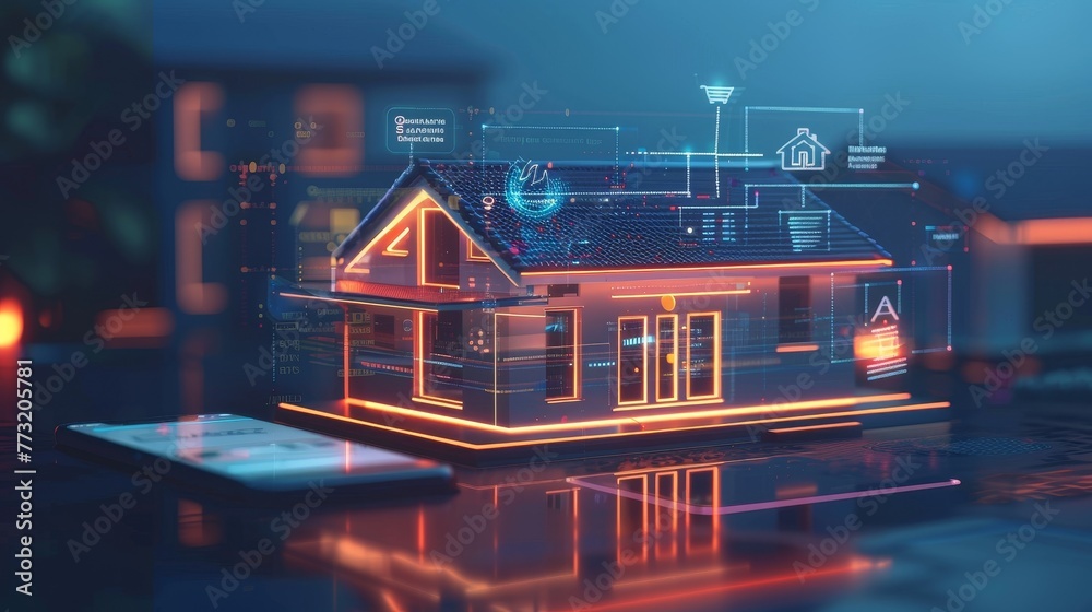 Poster IOT system connected to smart home via 5G mobile Internet. Phone app controls internet of things with help of a fast 5G network. Home automation concept and icons.