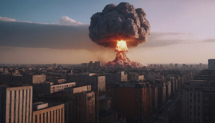 nuclear war. a nuclear explosion in the city. a nuclear mushroom. the end of civilization. people are destroying themselves. horses of light. apocalypse