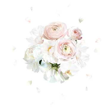 Dusty pink rose, blush ranunculus, white magnolia, peony vector design mono flowers bouquet. Flying petals. Wedding floral. Summer blooms watercolor composition. All elements are isolated and editable