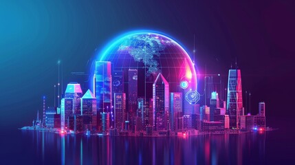 Global mobile internet on phone, connected to smart city infrastructure, traffic, safety, and AI control city infrastructure. World communication concept.