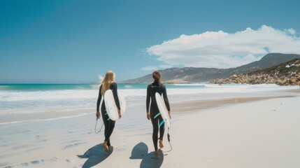 During a sunny, blue-sky day, two young surfers walk towards the shore of a white sand beach carrying their surfing boards. - obrazy, fototapety, plakaty