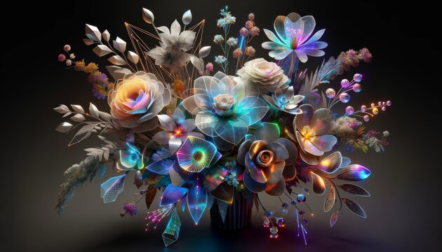 This striking image presents a futuristic bouquet that transcends traditional floral arrangements, blending the natural with the technological. The flowers, exquisitely crafted from holographic and me
