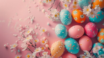 A bunch of colorful easter eggs on a pink surface - Powered by Adobe