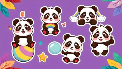 sticker set of happy cute pandas