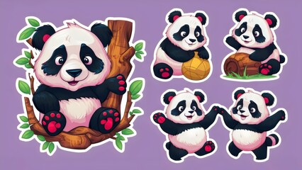 sticker set of playful pandas