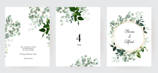 Herbal eucalyptus selection vector frames. Hand painted branches, leaves on white background. Greenery wedding simple minimalist invitations. Watercolor style cards. Elements are isolated and editable - obrazy, fototapety, plakaty