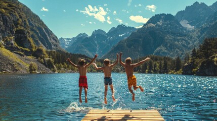 The kids jump off the dock into a beautiful mountain lake during a summer vacation.