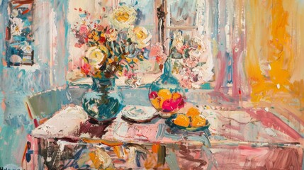 A painting of flowers and fruit on a table